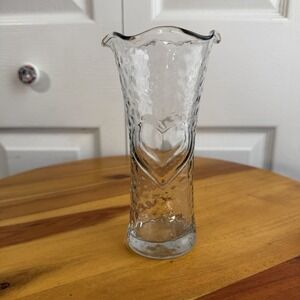 Anchor Hocking Clear Textured Glass Flower Vase Heart Imprint Ruffle Edge VTG